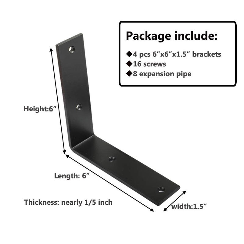 WINKER Corner Brace 4 Pcs Shelf Bracket Heavy Duty Black Steel L WINKER Corner Brace, Decorative Joint Angle Bracket for Shelf 6 InchX6 Inch Shelves Wall Hanging Bracket with Screws - Image 2
